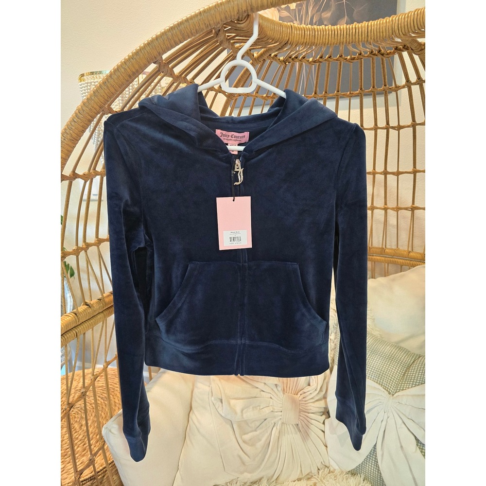 Juicy Couture Regal Blue Velour Rhinestone Logo Zip Up Hoodie NWT Small